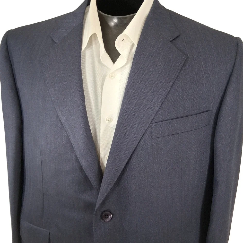 Holland & Sherry Custom Sport Coat 46R Relaxed Blue Herringbone  Super 100s Wool